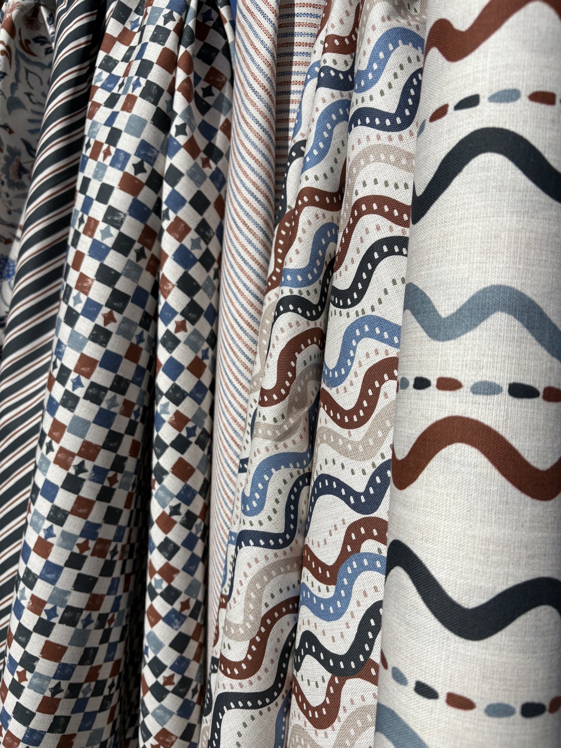 Wiggle Stripe - Rust Blue | Luxury Pencil Pleat Curtains - The Honesty Works