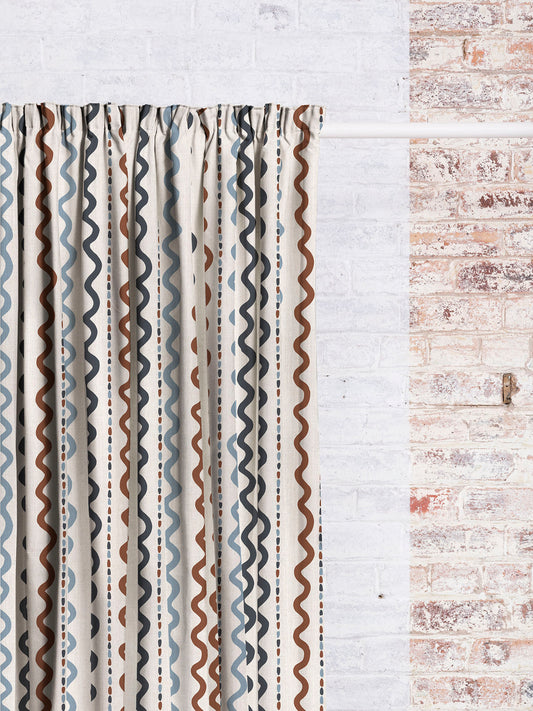 Wiggle Stripe - Rust Blue | Luxury Pencil Pleat Curtains - The Honesty Works