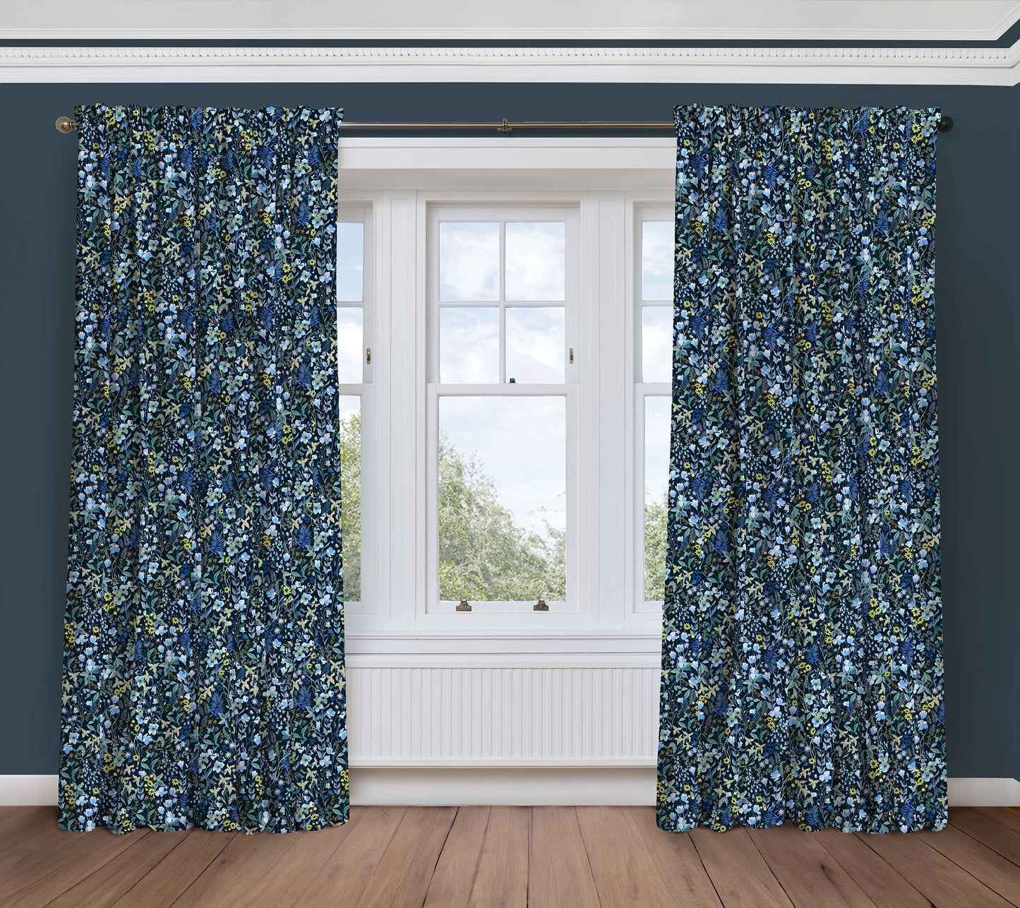 Meadow View - Navy | Luxury Pencil Pleat Curtains - The Honesty Works