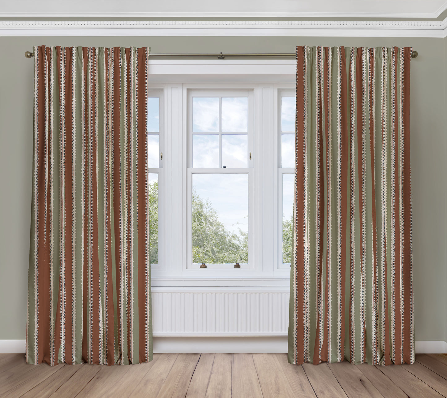 Soranna Stripe - Terracotta Moss | Luxury Pencil Pleat Curtains - The Honesty Works