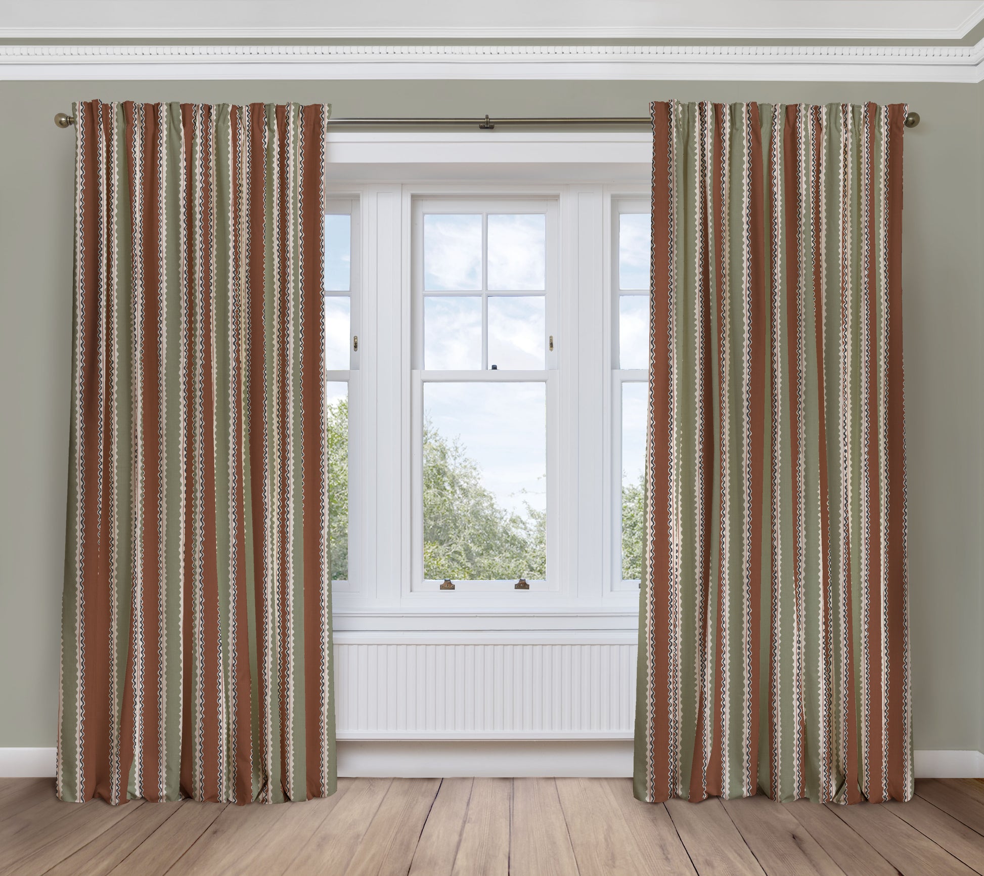 Soranna Stripe - Terracotta Moss | Luxury Pencil Pleat Curtains - The Honesty Works