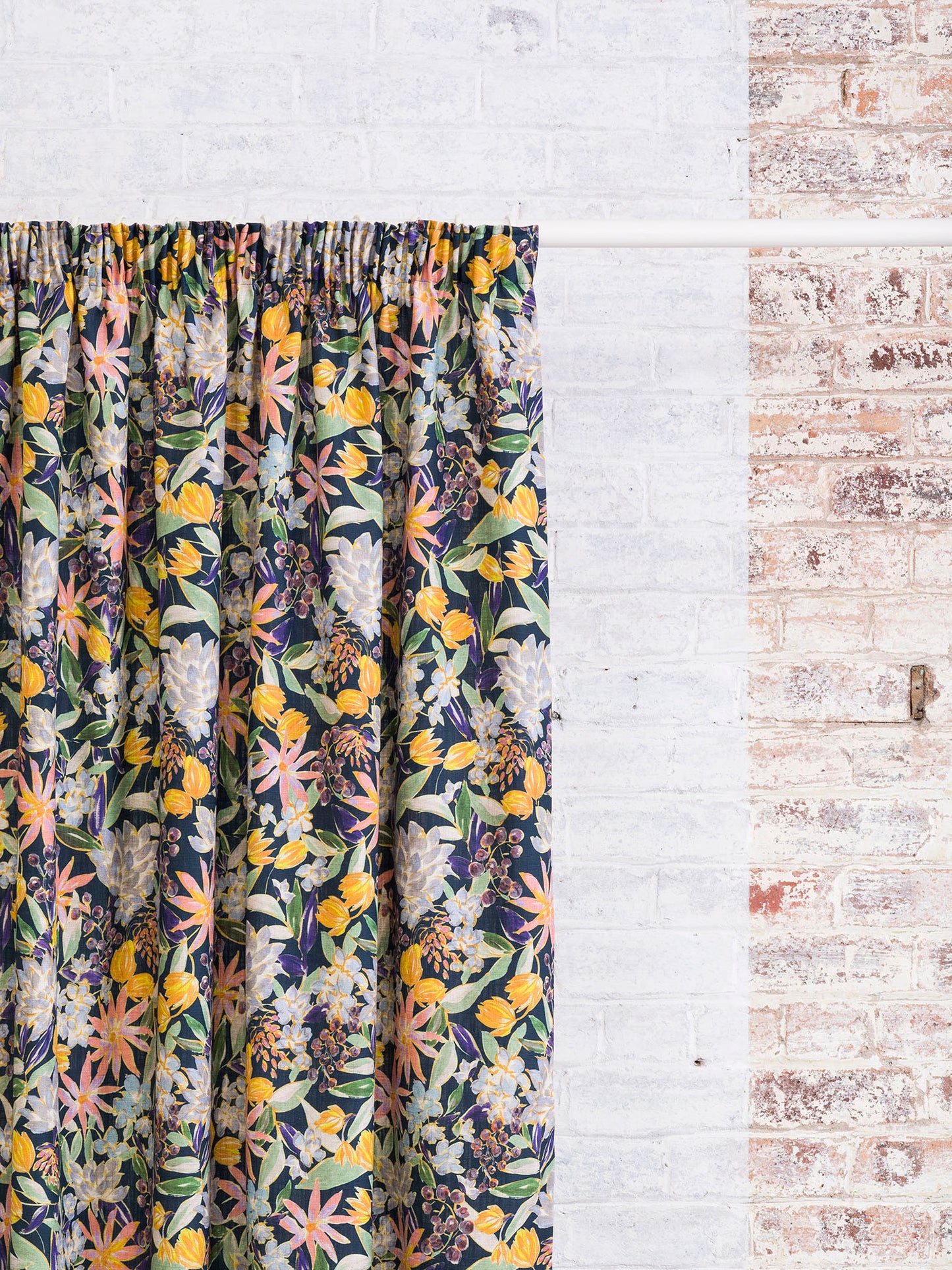 Sketch Floral - Navy | Luxury Viscose Linen Pencil Pleat Curtains - The Honesty Works