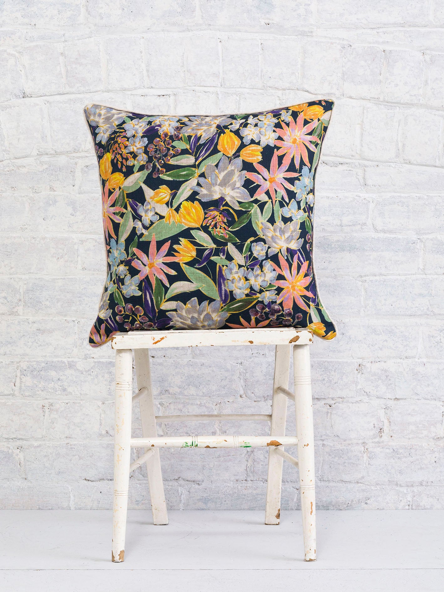 Sketch Floral - Navy | Luxury piped cushion 43cmx43cm - The Honesty Works