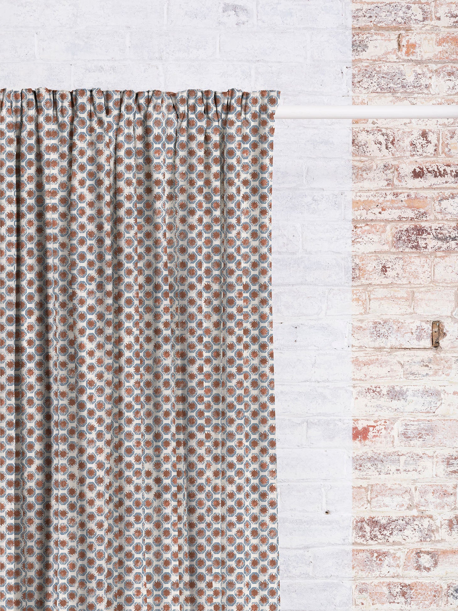 Astrid Geo - Rust Blue | Luxury Pencil Pleat Curtains - The Honesty Works